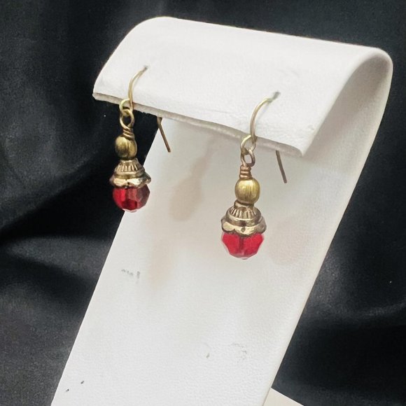 RED CRYSTAL BRONZE METAL HOOK EARRINGS - Picture 2 of 4